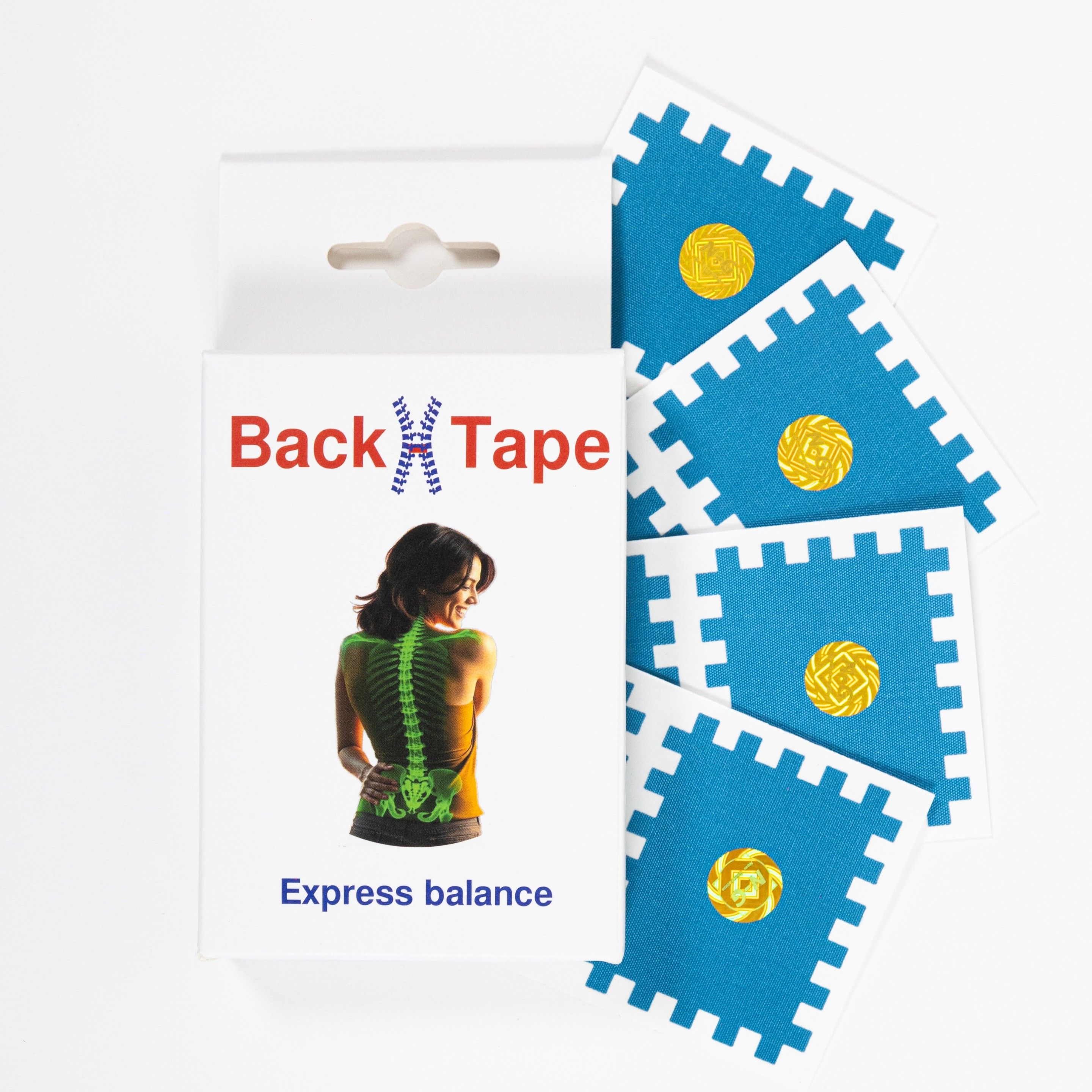 Back Tape-Verpackung mit mehreren quadratischen Pflastern. Blaue Pflaster mit gelbem Kreis in der Mitte. Verpackung mit Produktname und Abbildung.