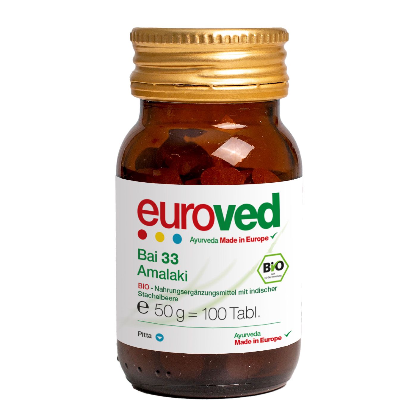 Braune Glasflasche mit goldfarbenem Deckel. Etikett mit "euroved", "Bai 33 Amalaki" und Bio-Siegel. Enthält Tabletten.
