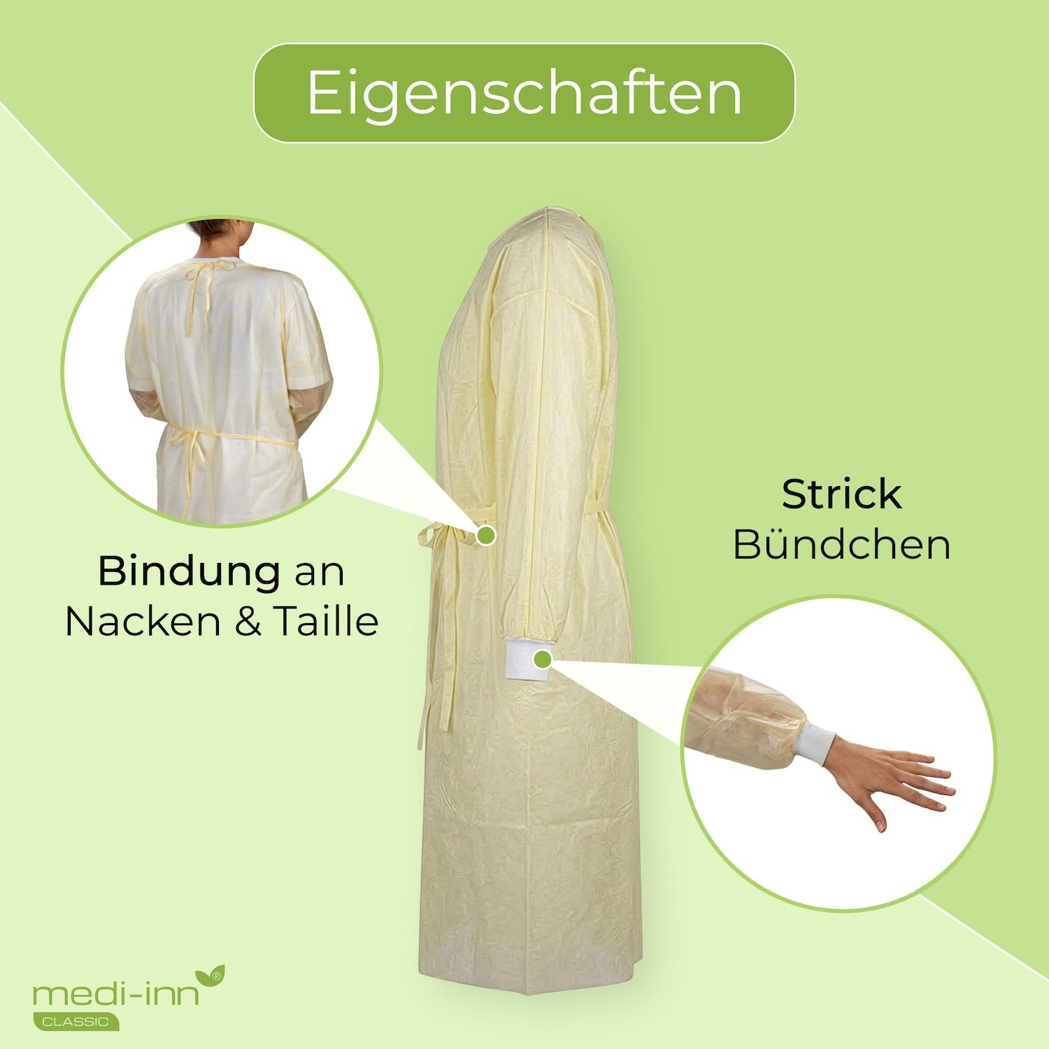 Eigenschaften des Schutzkittels: Bindung an Nacken und Taille, gestrickte Bündchen.