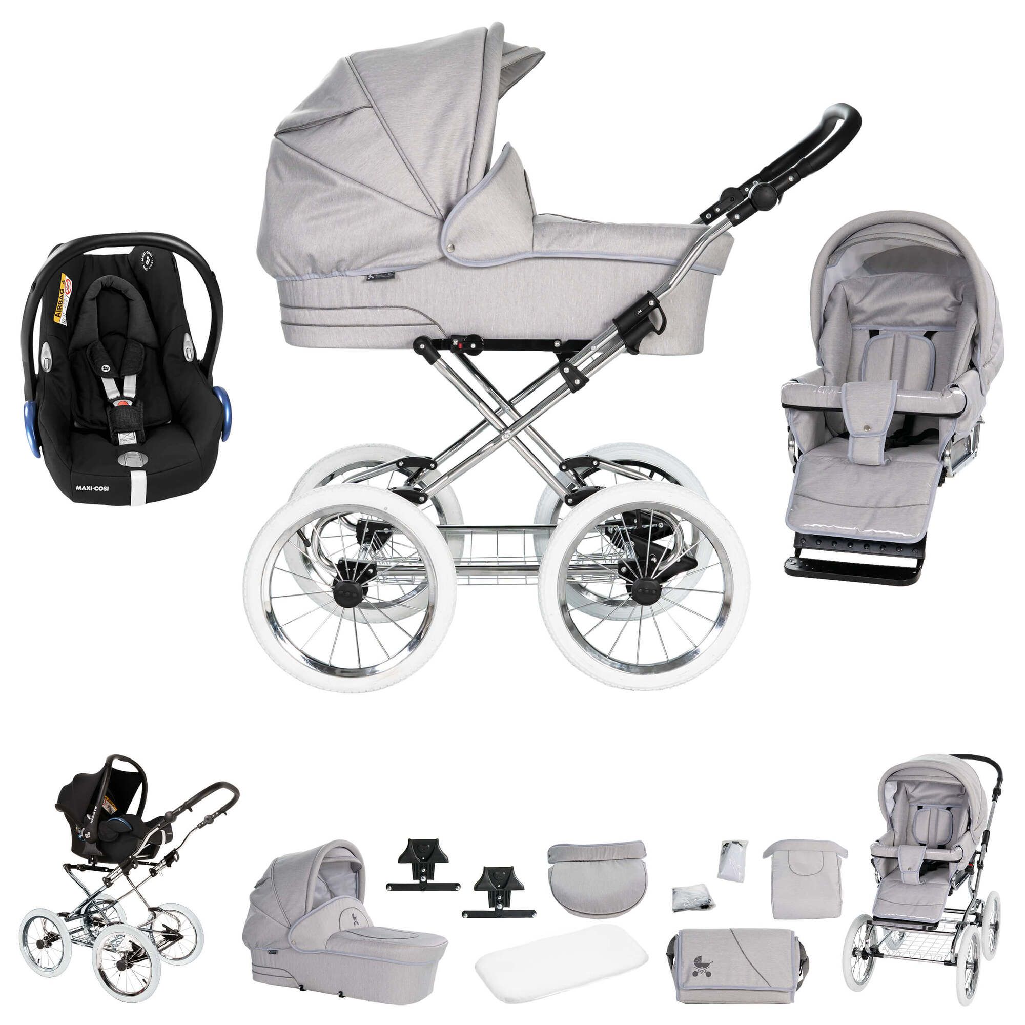 Friedrich Hugo München 3 in 1 Kinderwagen mit original Maxi Cosi, Silbergrau Chrom Weiß