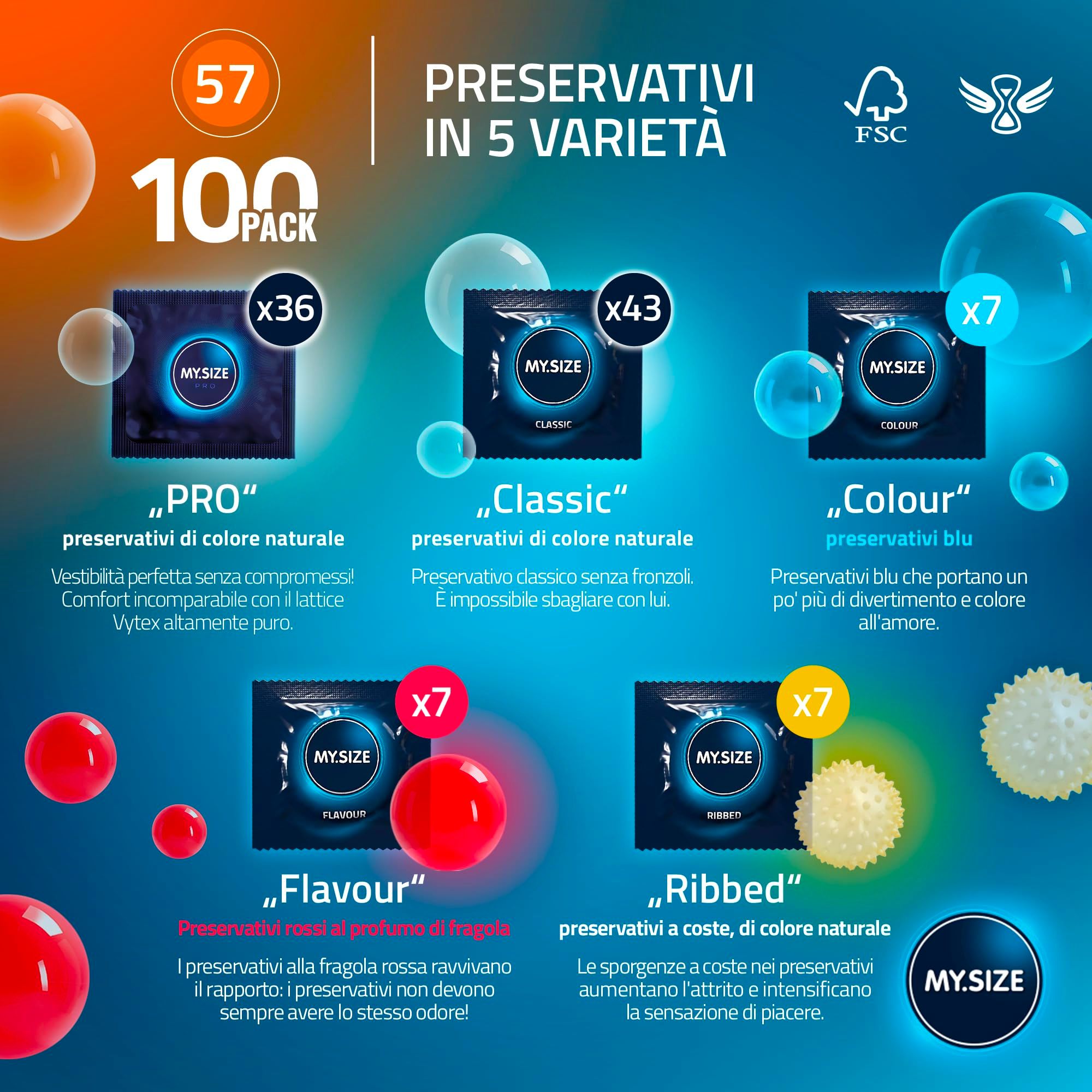 Packung mit 100 Kondomen in 5 Varianten: Pro, Classic, Colour, Flavour, Ribbed.