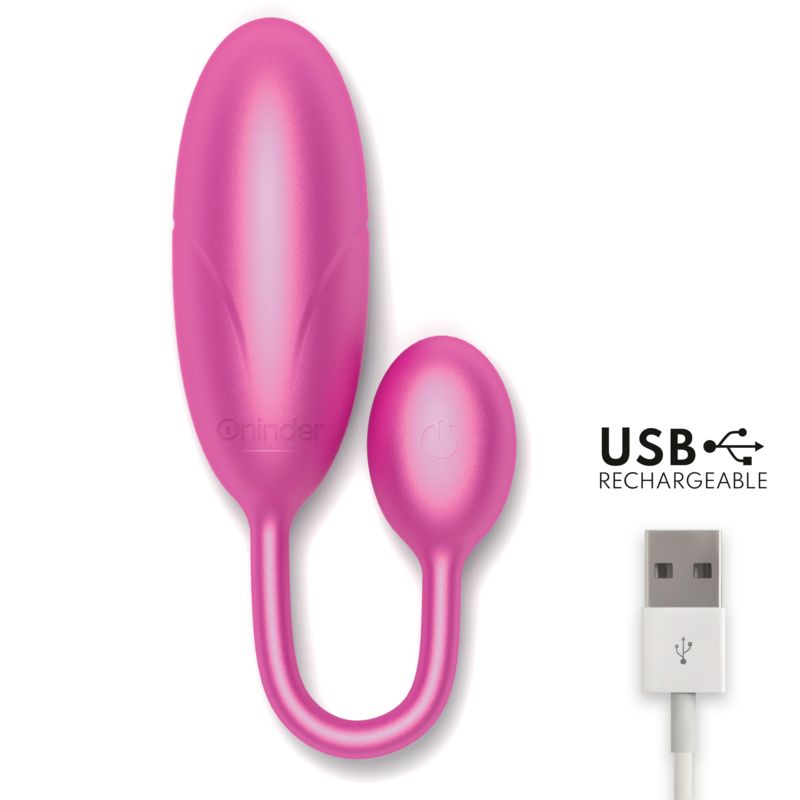 Rosa Ei mit USB-Ladeanschluss. USB-Kabel. Oninder-Logo.
