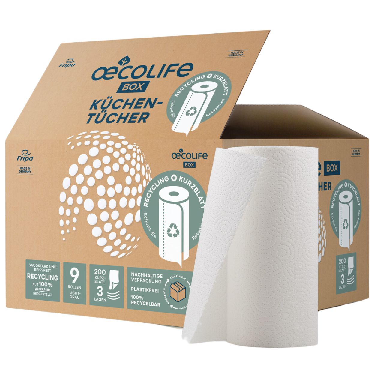 Kartonbox mit Küchenpapier. Aufdrucke: oecolife, Recycling, 9 Rollen, 200 Blatt, 3 Lagen. Papierrolle teilweise entfaltet.