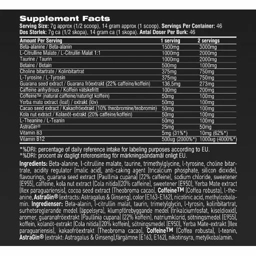 Nährwerttabelle. Enthält Informationen zu Inhaltsstoffen und Nährwerten pro Portion. Enthält Angaben zu Vitaminen und Mineralstoffen.