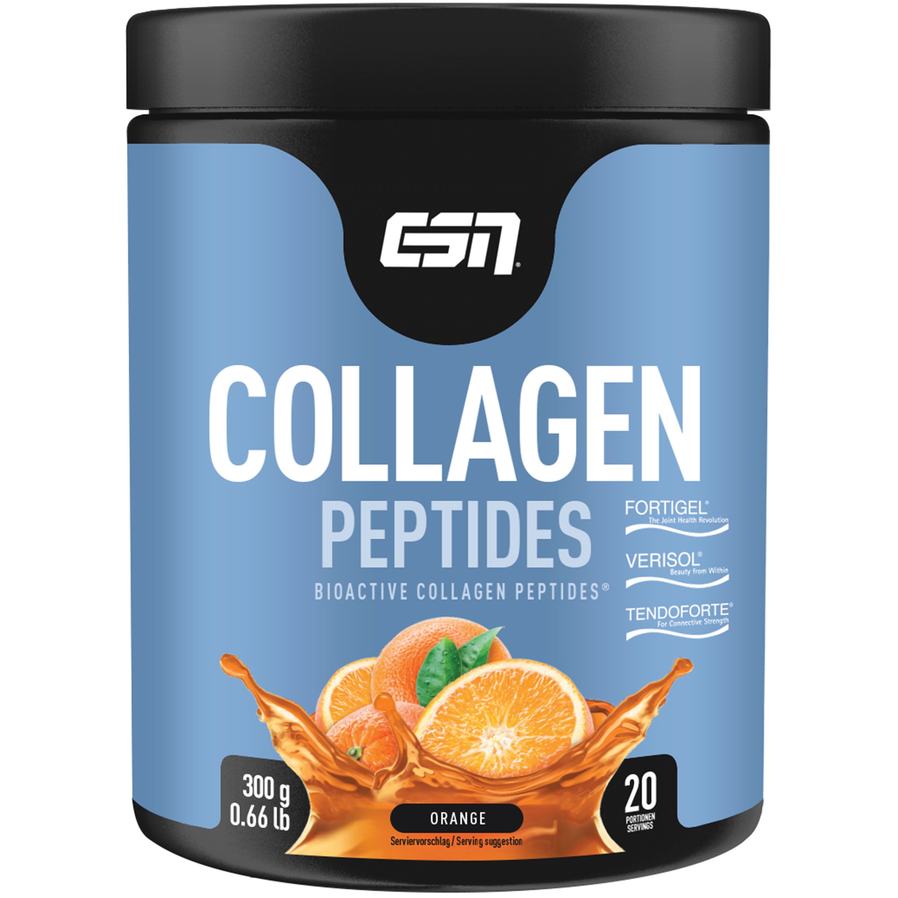 Blaue Dose mit "COLLAGEN PEPTIDES"-Aufschrift, Orangen-Abbildung. Enthält 300g, 20 Portionen. Marke: CSN. Geschmack: Orange.