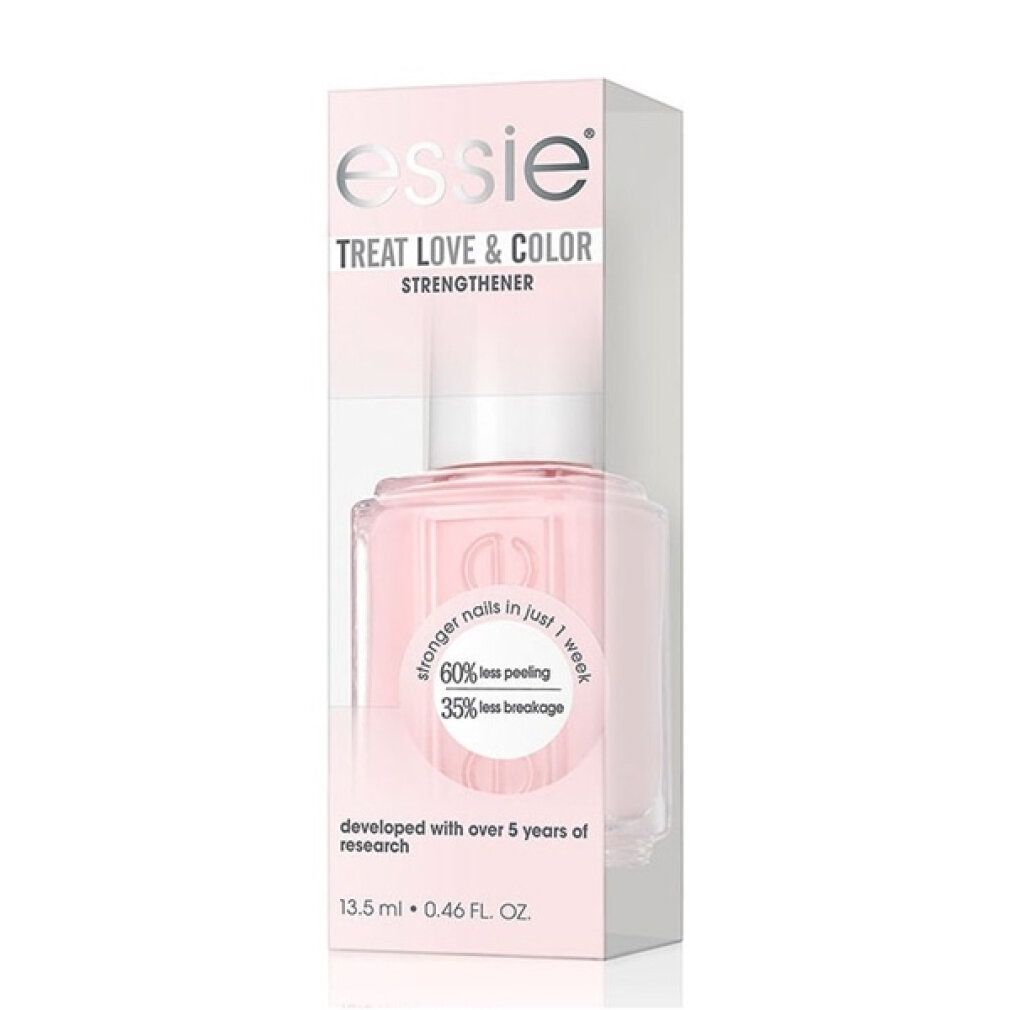 Essie Treat Love & Color Nagellack in Verpackung. Rosa Flasche mit weißem Deckel. Aufschrift: stronger nails in just 1 week.