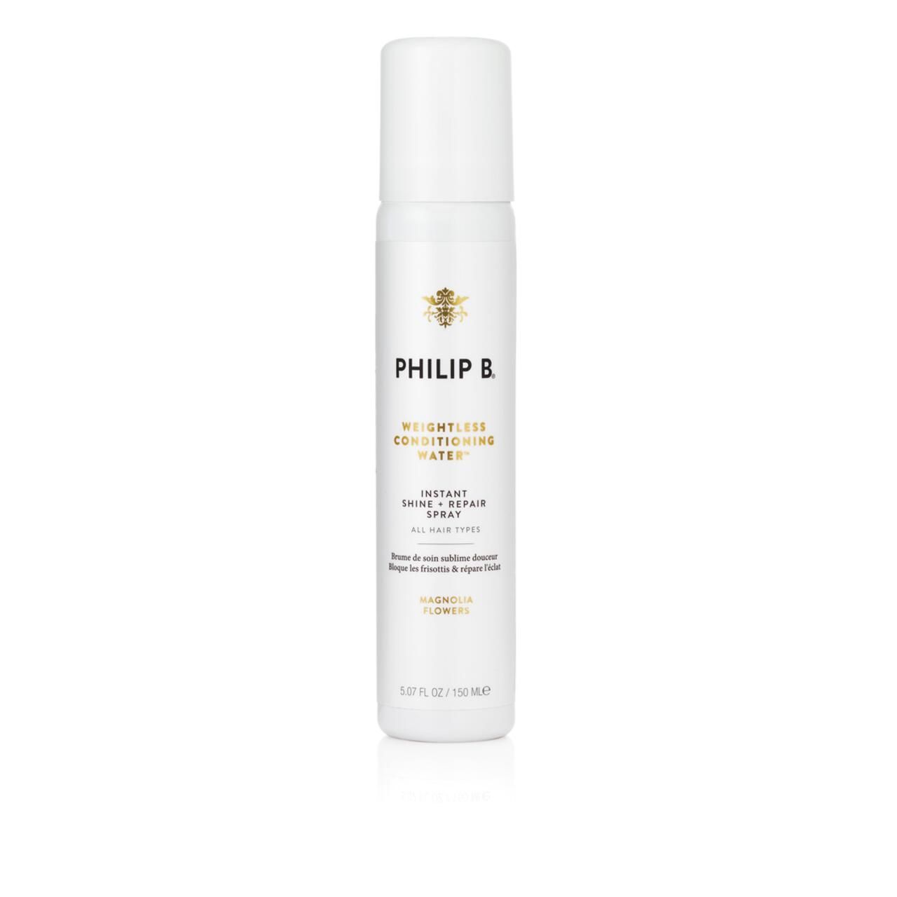 Weißes Spray mit goldfarbenem Logo und Schriftzug. Produktname: Philip B Weightless Conditioning Water Instant Shine + Repair Spray.
