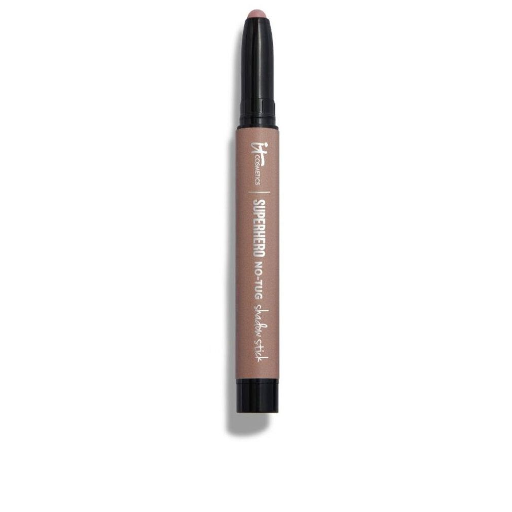 Stift-Lidschatten. Beige-braune Hülse, schwarzer Deckel. Aufschrift: Superhero No-Tug Shadow Stick.