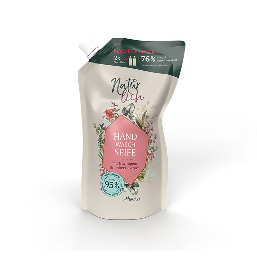 Nachfüllbeutel Handwaschseife. Beige Beutel mit floralem Design, rosa Label mit Text. Marke: Natürlich by evita. 95% Inhaltsstoffe natürlichen Ursprungs.