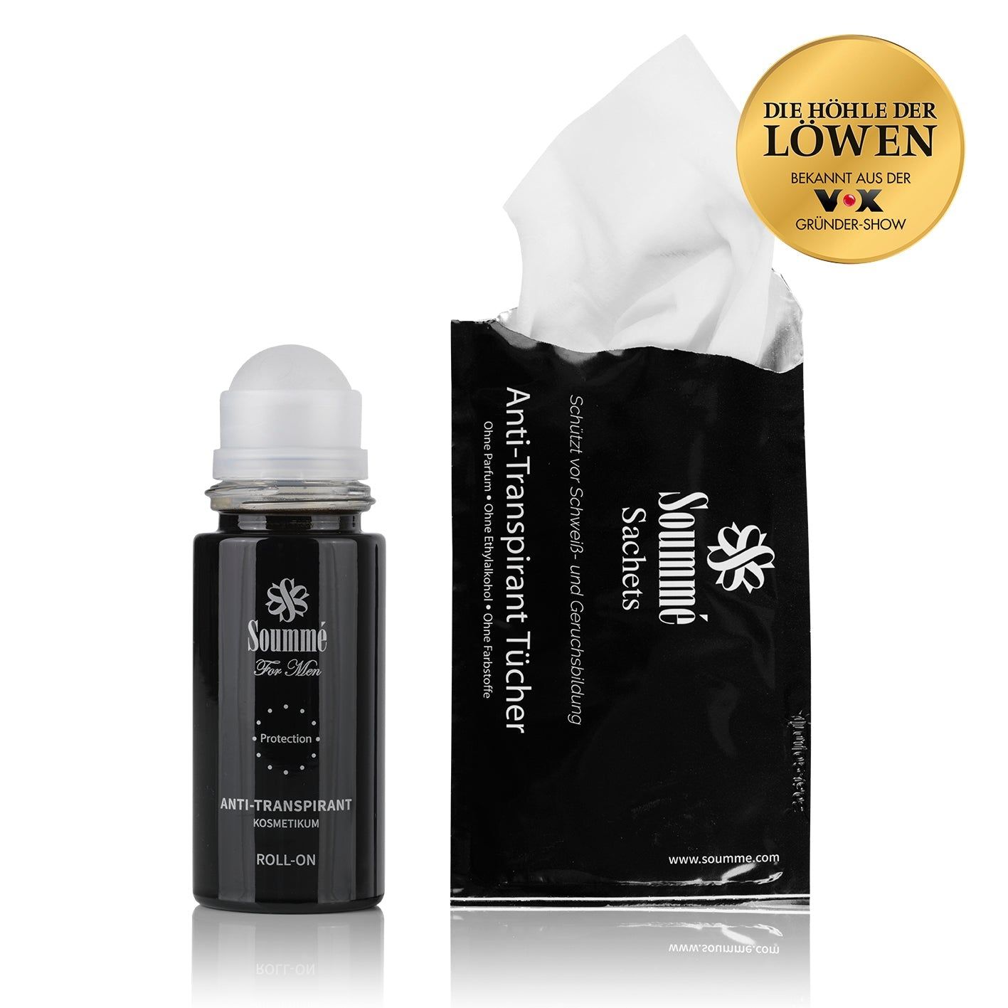 Soummé Antitranspirant Roll-On und eine Packung Antitranspirant Tücher.