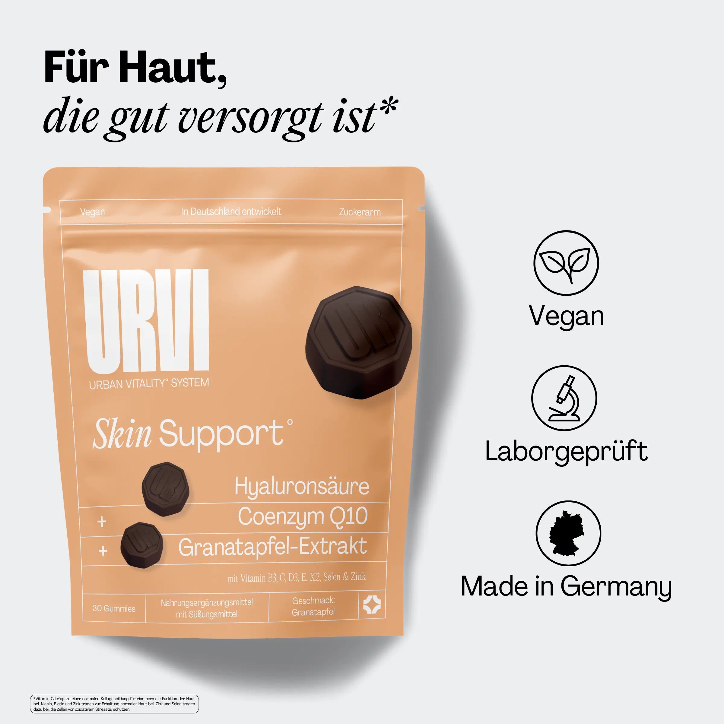Beige Verpackung mit "URVI"-Logo und "Skin Support". Vegan, Laborgeprüft, Made in Germany.