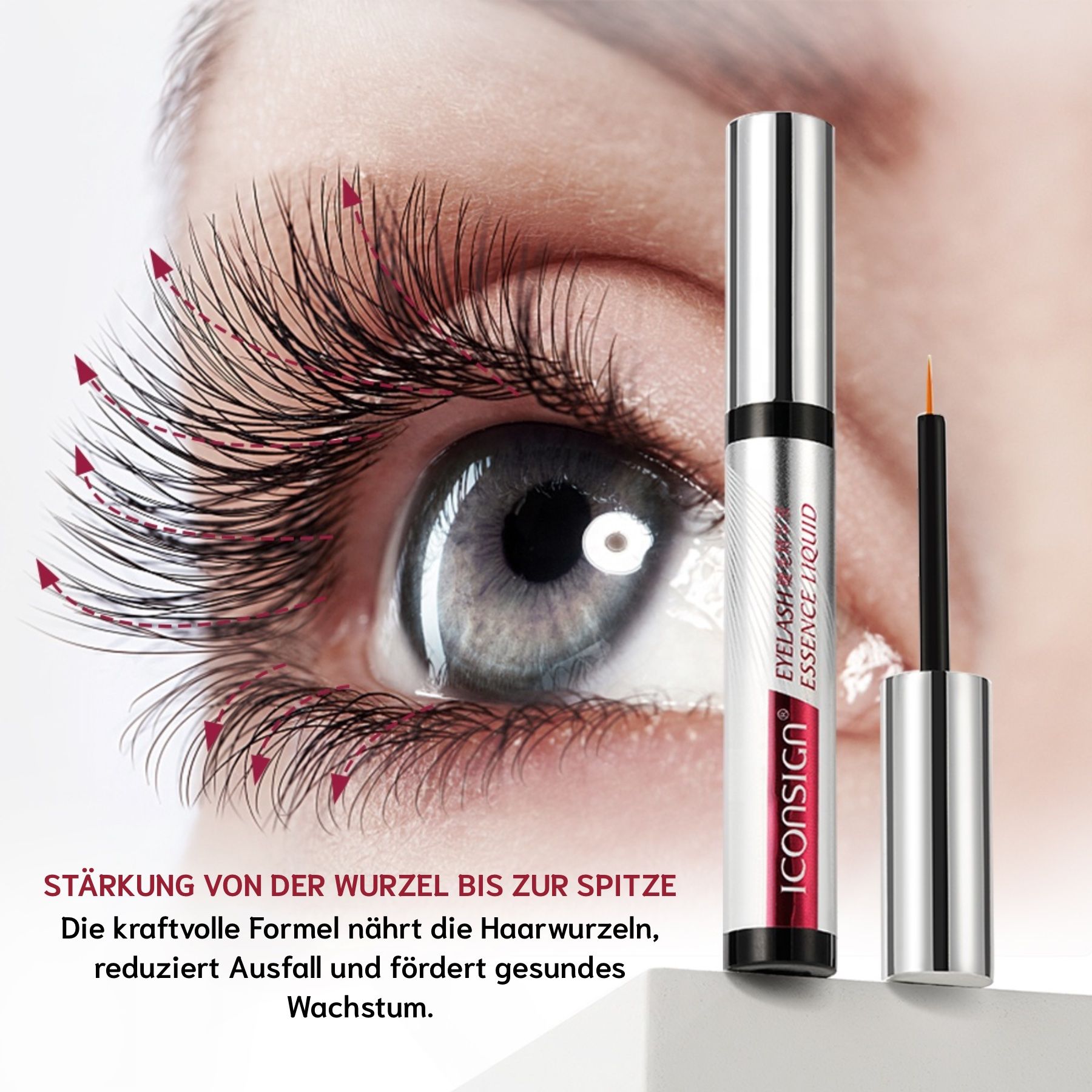 Serum-Fläschchen und Verpackung. Auf der Verpackung steht "Iconsign". Auf dem Fläschchen steht "Eyelash Serum".
