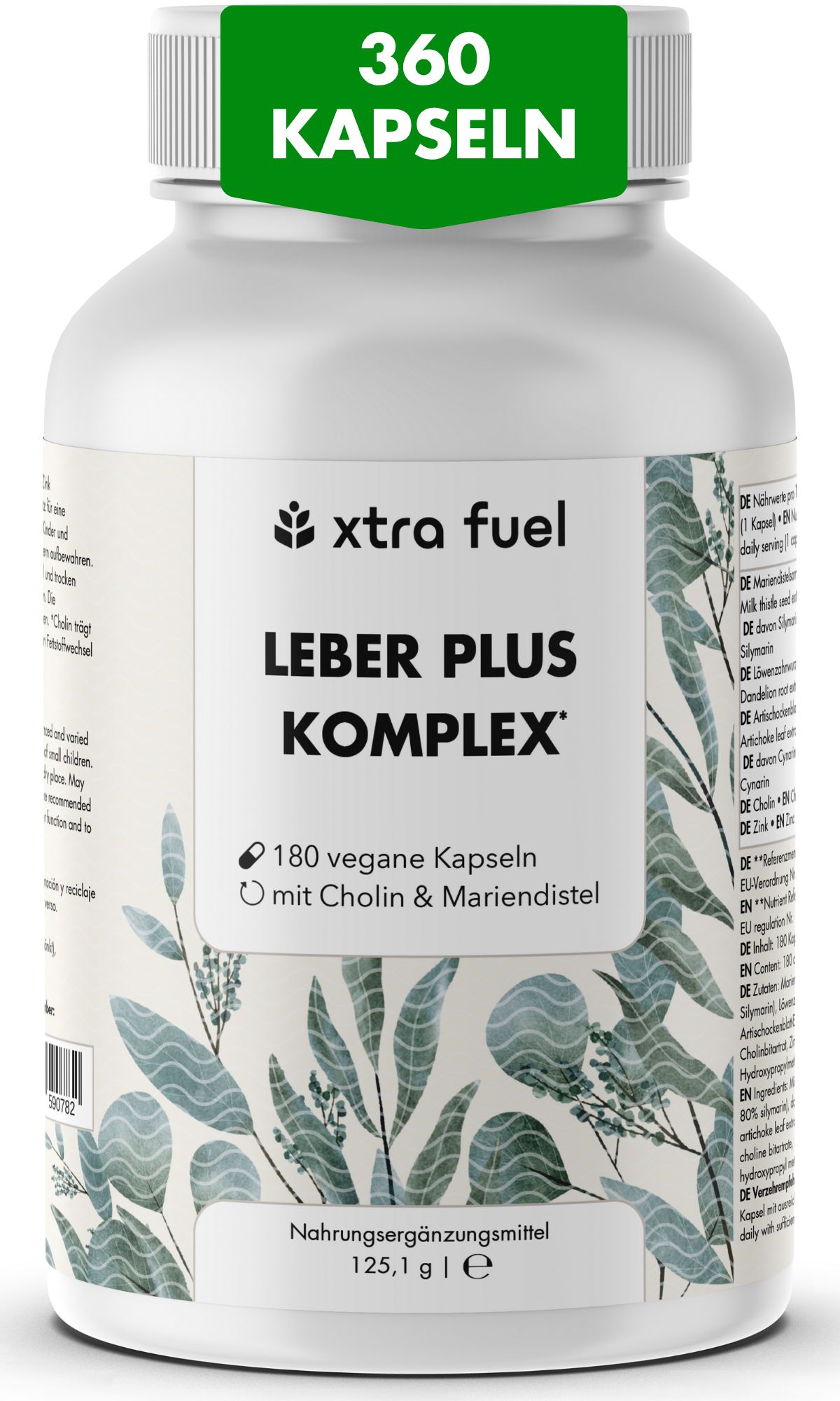 Weißes Flasche mit Kapseln. Aufschrift: XTRA FUEL LEBER PLUS KOMPLEX. 360 Kapseln. 180 vegane Kapseln mit Cholin & Mariendistel.