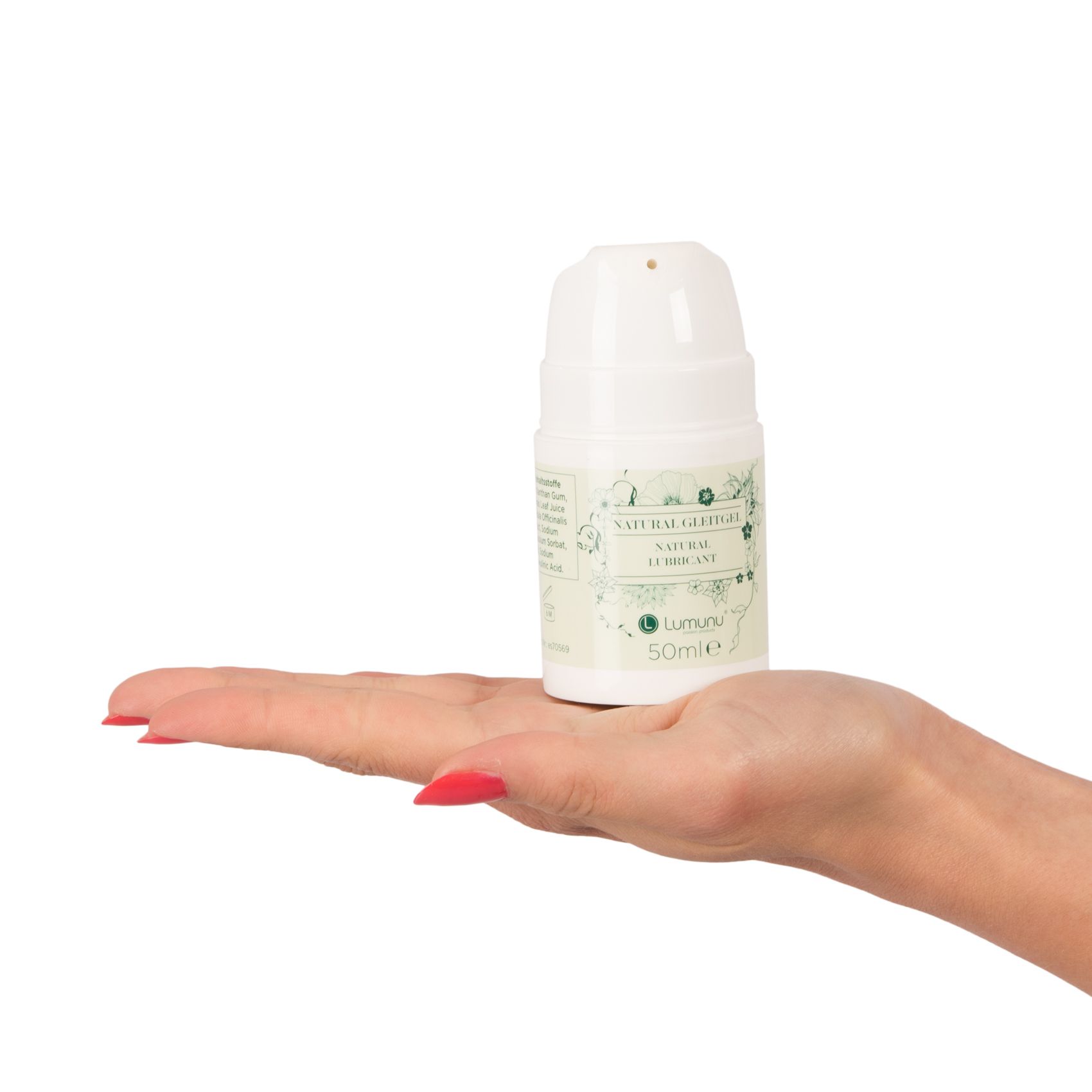 Weißer Spender in einer Hand gehalten. Aufschrift NATURAL GLEITGEL, NATURAL LUBRICANT und Lumunu Logo. 50ml.