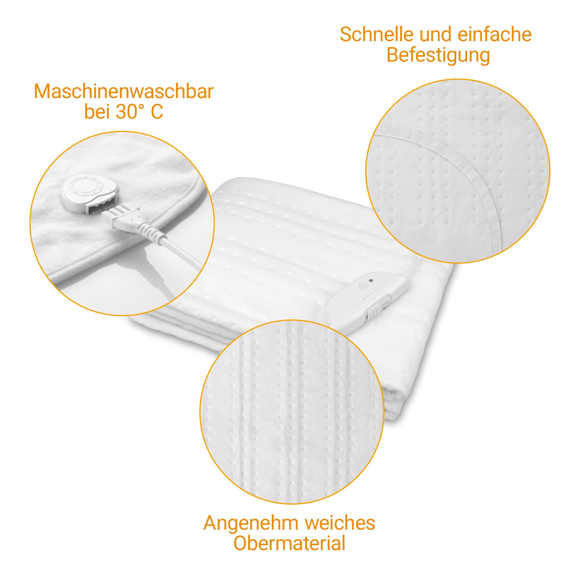 Detailansichten: Bedienelement, Maschinenwaschbar bei 30°C, schnelle Befestigung, weiches Obermaterial.