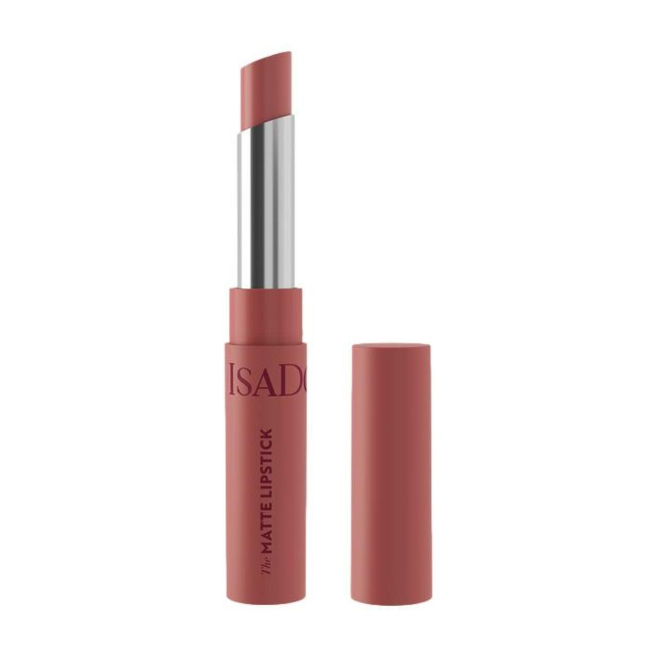 Lippenstift, Marke IsaDora, geöffnet. Rosa Lippenstiftstift mit silberner Hülse. Daneben die Kappe.