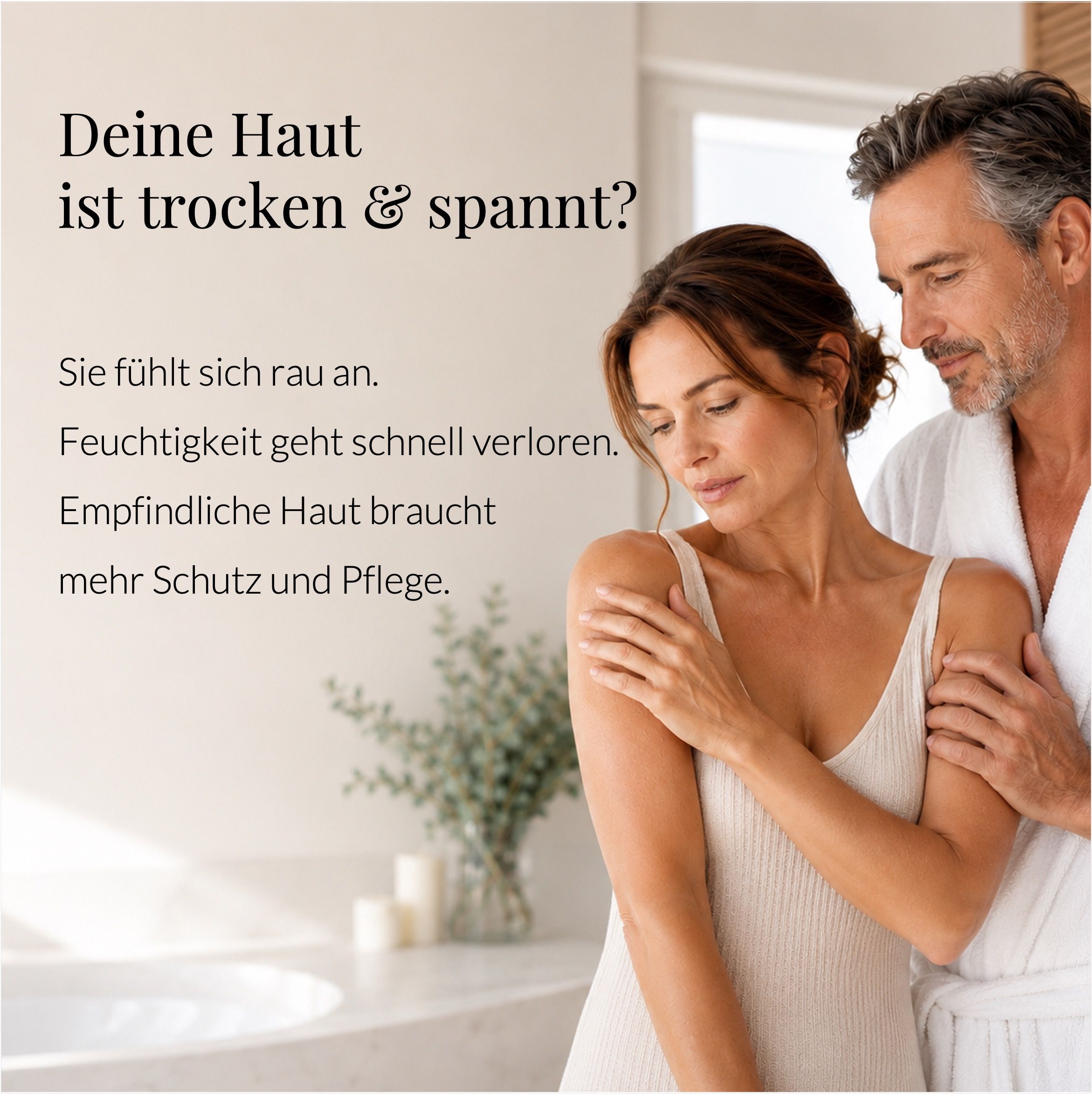 Frau berührt ihren Arm, Produktbox und Flasche daneben. Text: Repairing Silky Body Lotion.