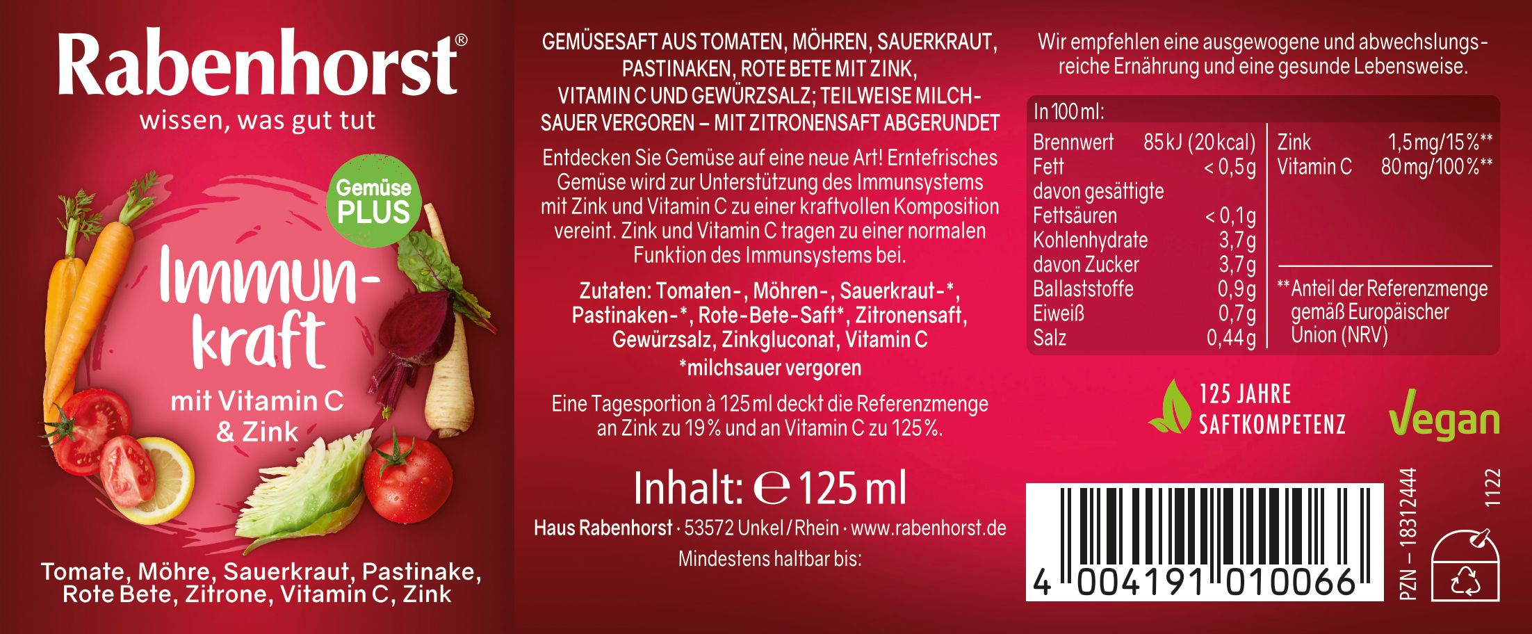 Rabenhorst Immunkraft mit Zink & Vitamin C Mini 24x125 ml Saft