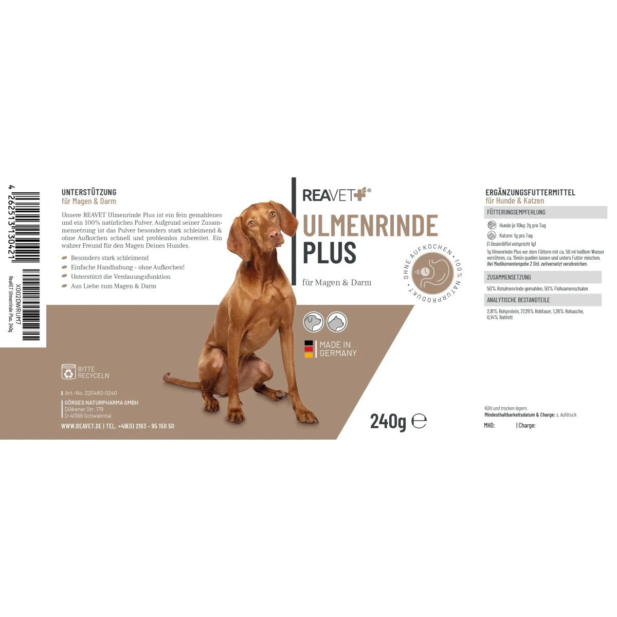 Etikett ReaVET Ulmenrinde Plus, 240g. Hund auf Etikett. Text: Ergänzungsfuttermittel, Made in Germany.