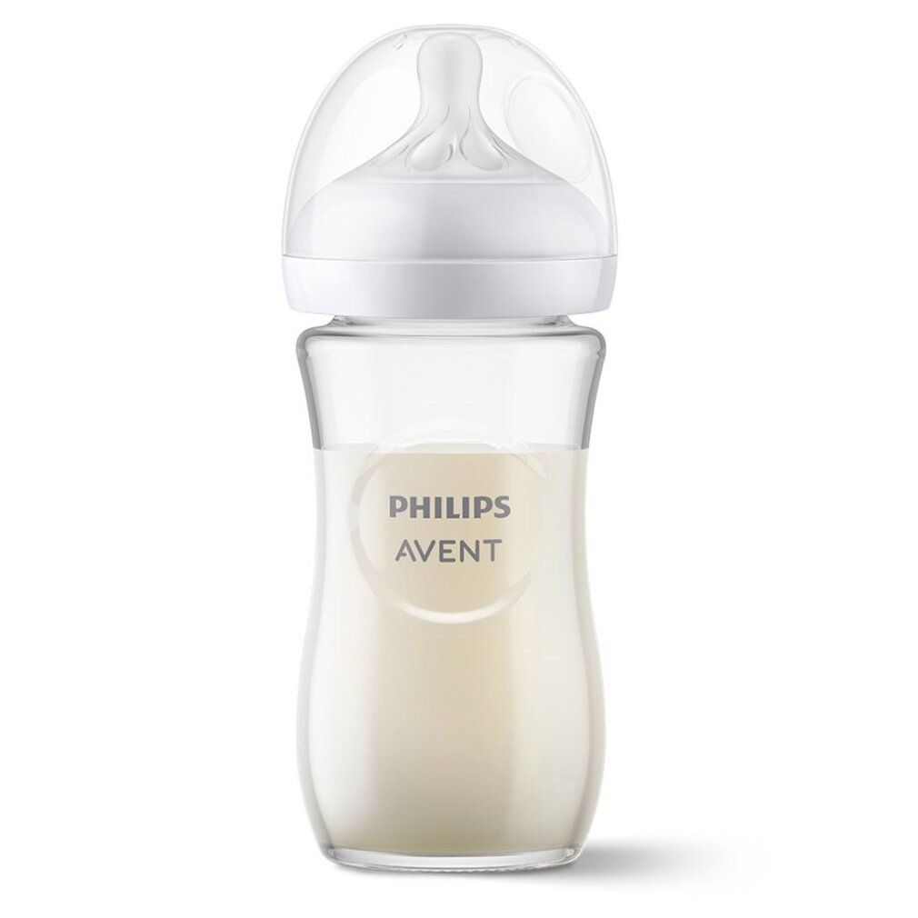 Glasflasche mit Flüssigkeit, weißem Sauger und Verschluss. Auf der Flasche ist das Logo von Philips Avent zu sehen.
