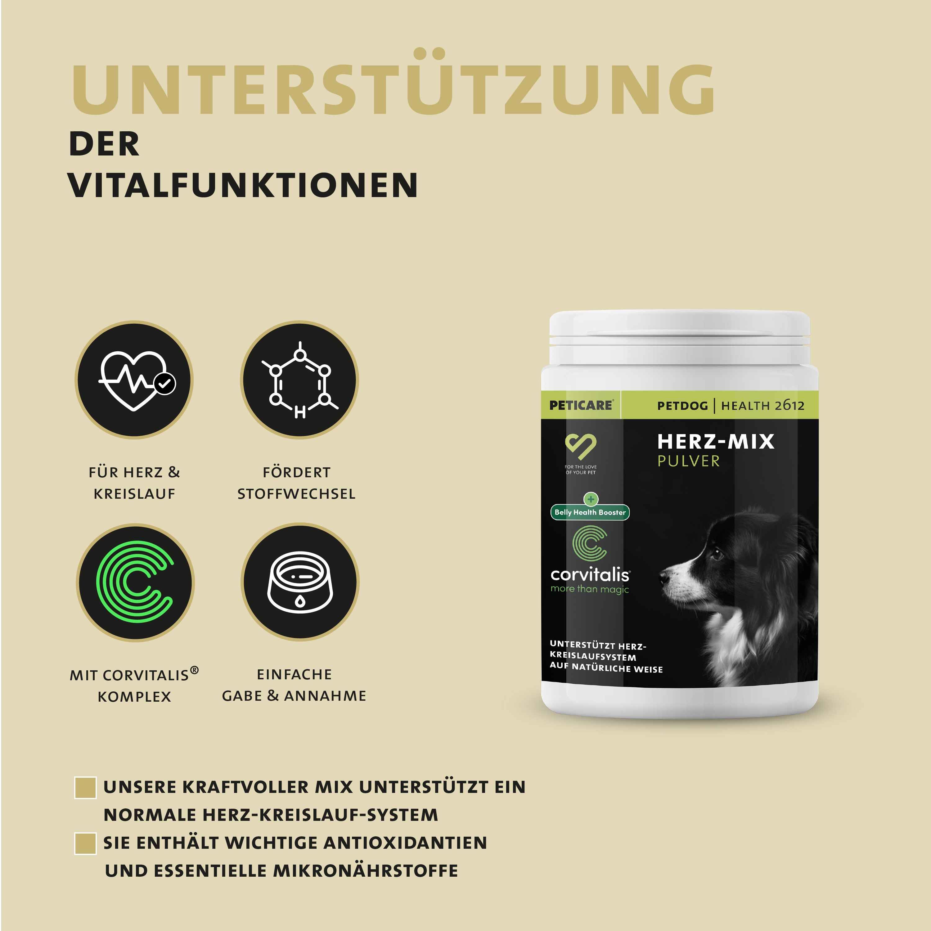 Peticare Natürliches Ergänzungsfutter für Herz & Kreislauf Pulver für Hunde