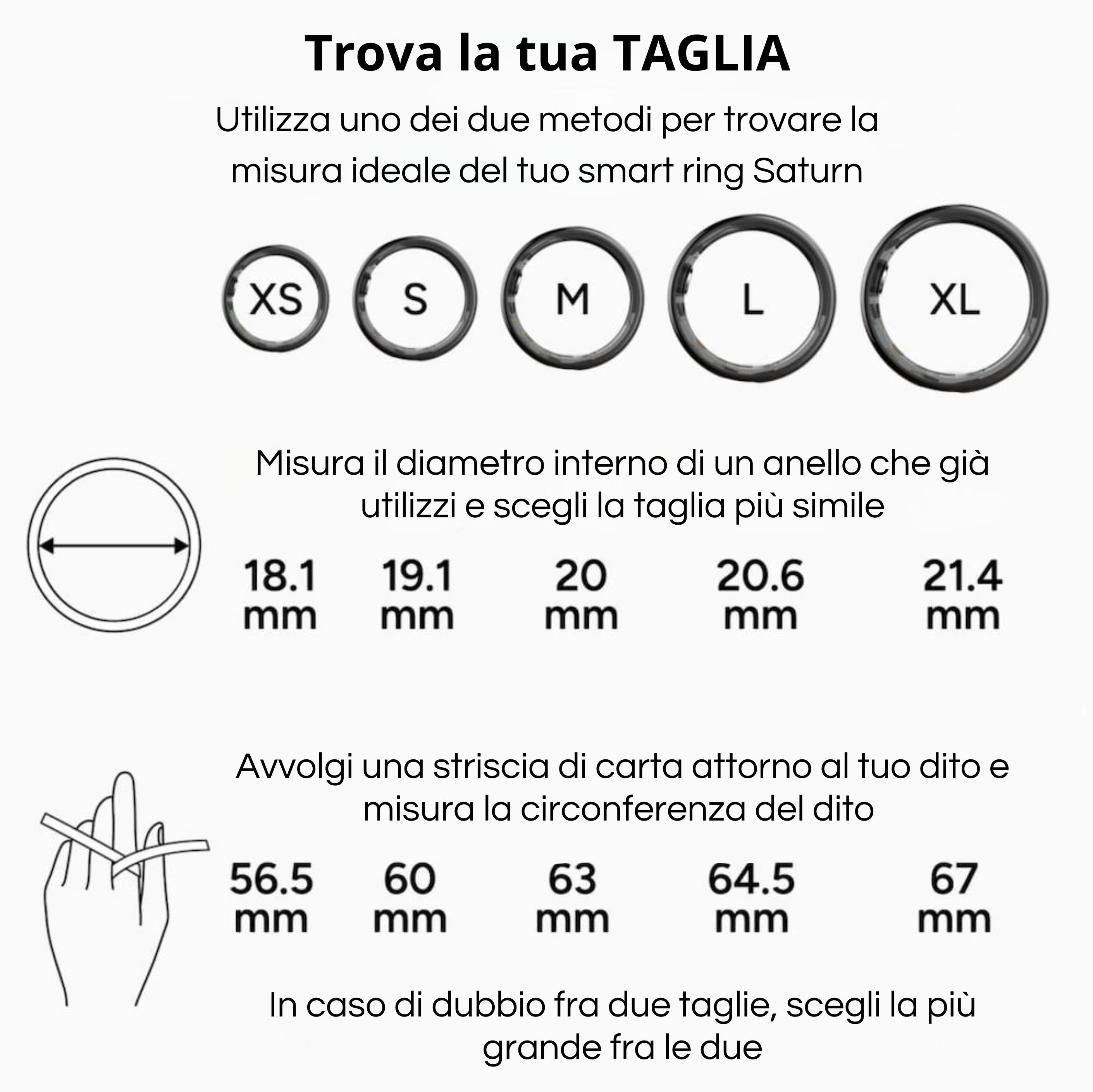 Grafico delle taglie per l'anello smart KSIX Saturn. Mostra le misure degli anelli da XS a XL con diametri e circonferenze. Include istruzioni per misurare la circonferenza del dito.