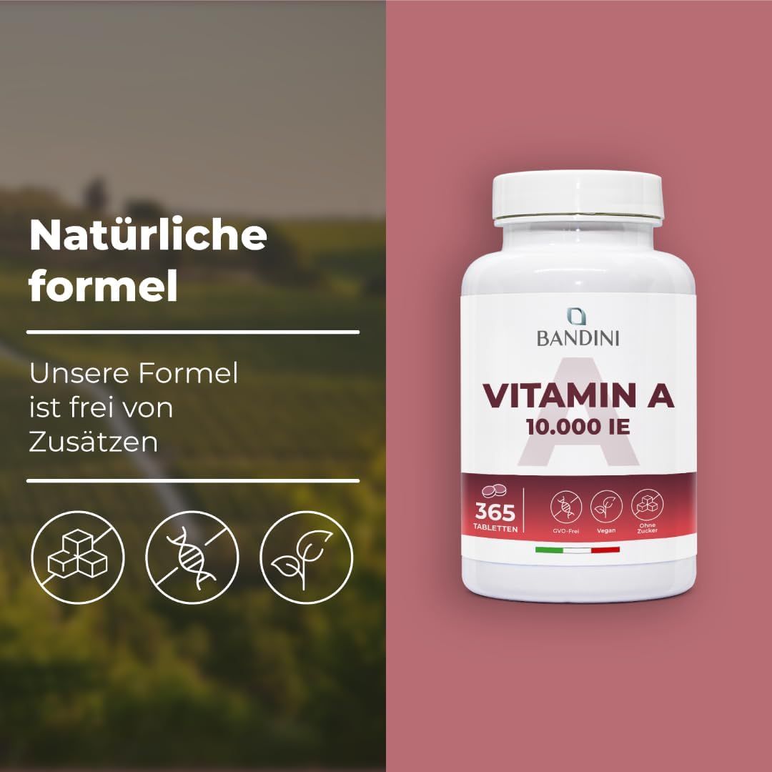 Weiße Flasche Bandini Vitamin A 10.000 IE. Aufschrift: 365. Natürliche Formel.