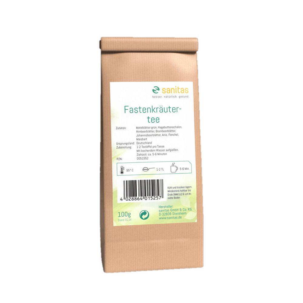 Sanitas Fastenkräutertee 100g Packung mit Informationen zur Zubereitung und Zutaten.