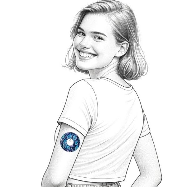 Person mit Pflaster am Arm. Rundes Pflaster mit Pfauenfeder-Muster. CGM-Sensor abgebildet.