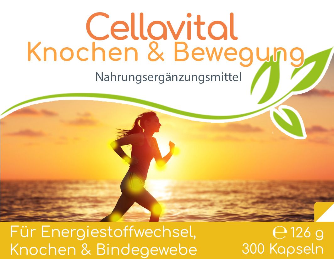 Nahrungsergänzungsmittel 'Knochen & Bewegung' mit Läuferin vor Sonnenuntergang. 126g, 300 Kapseln.