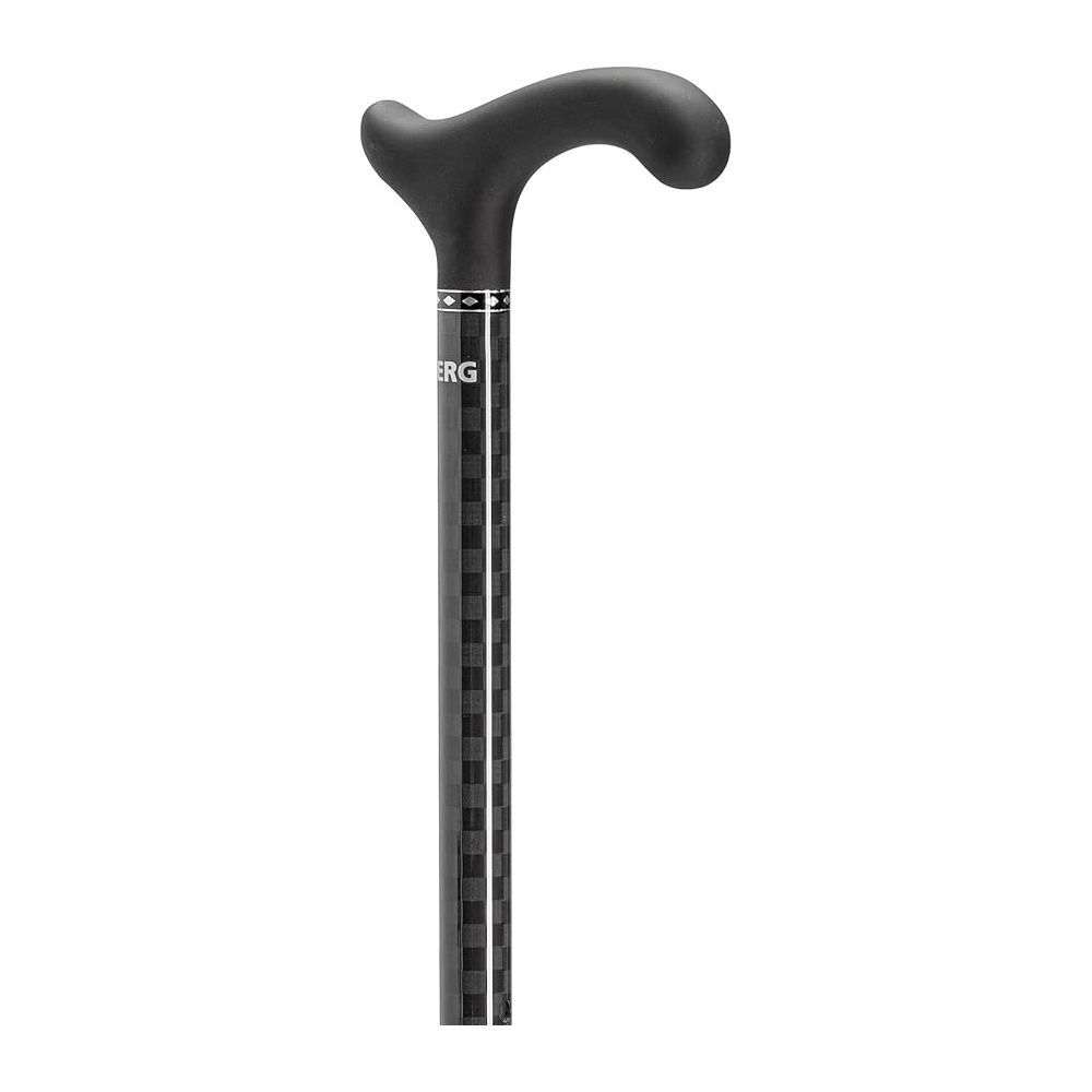 Schwarzer Gehstock mit ergonomischem Griff. Ossenberg-Logo. Carbon-Optik.