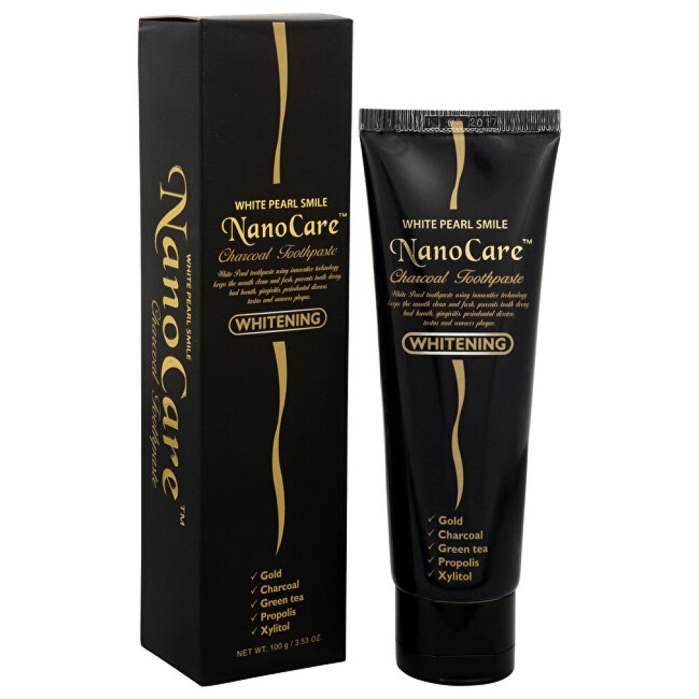 Zahnpasta-Tube und Schachtel. Aufschrift: White Pearl Smile NanoCare Charcoal Toothpaste Whitening. Inhaltsstoffe: Gold, Aktivkohle, Grüntee, Propolis, Xylitol. Schwarze Verpackung.