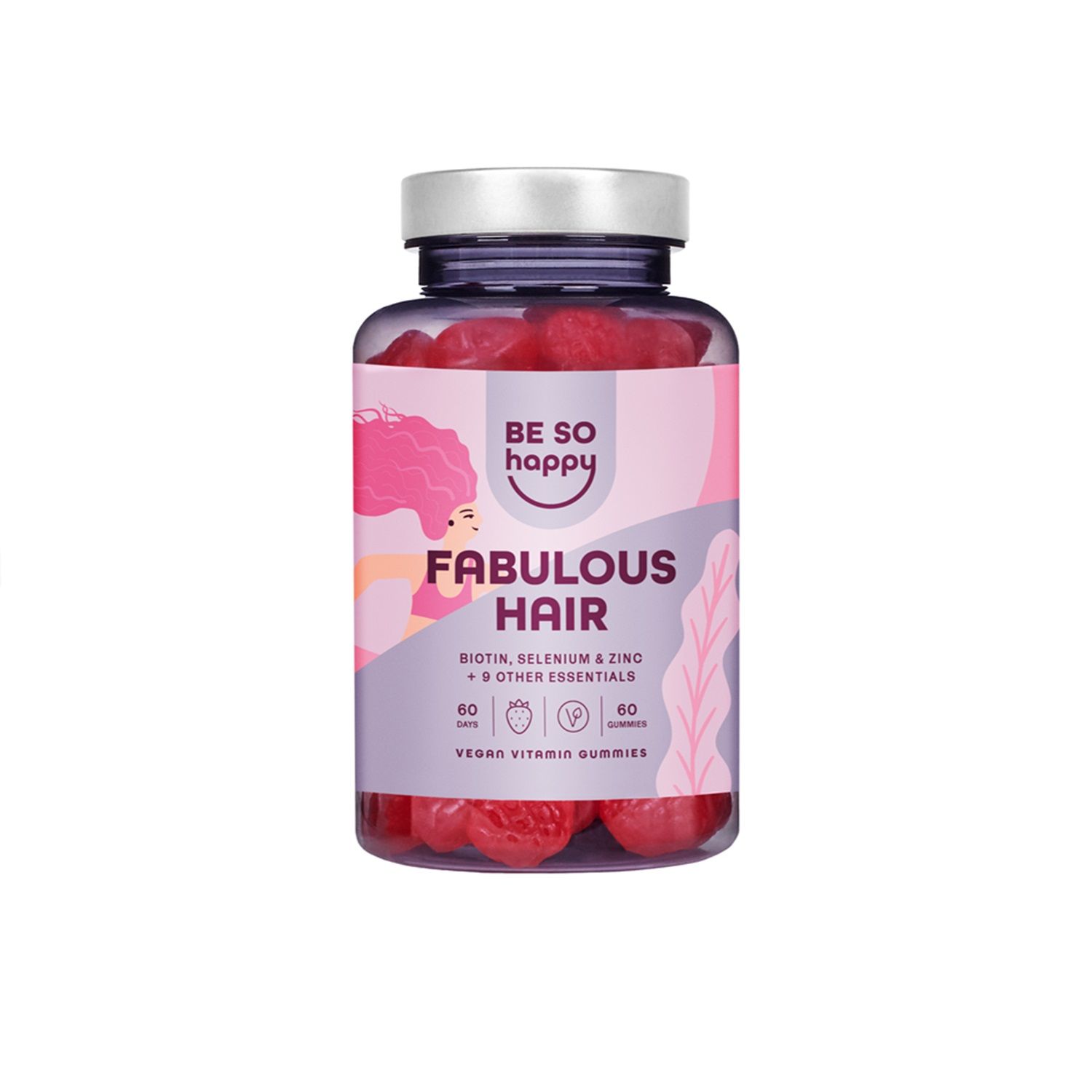 Flasche mit rosa Gummibärchen. Aufschrift: Be So Happy FABULOUS HAIR. Enthält Biotin, Selen, Zink und weitere Inhaltsstoffe. Vegan.