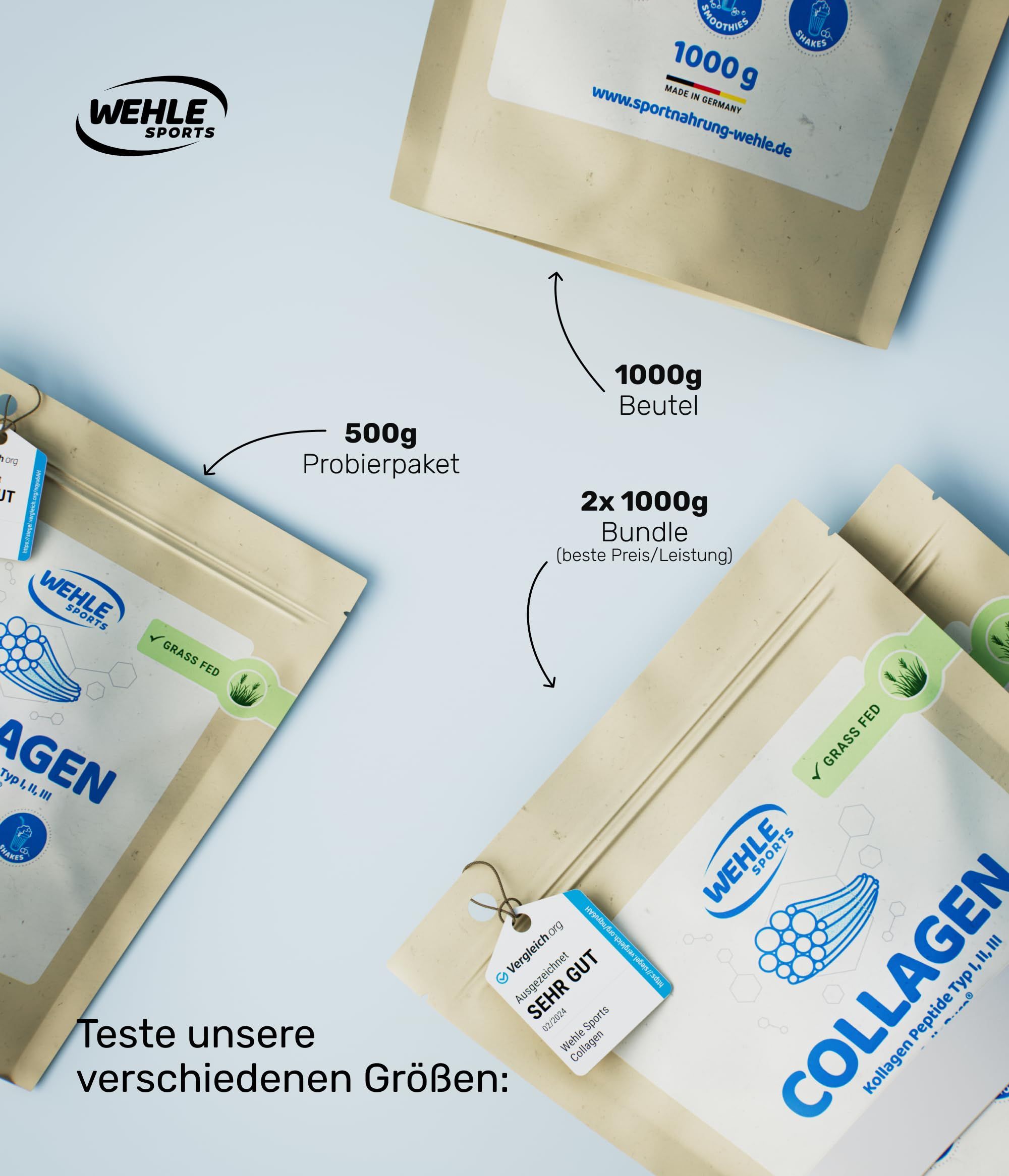 Verschiedene Kollagen-Packungen. 500g Probierpaket, 1000g Beutel, 2x1000g Bundle. Text: Teste unsere verschiedenen Größen.