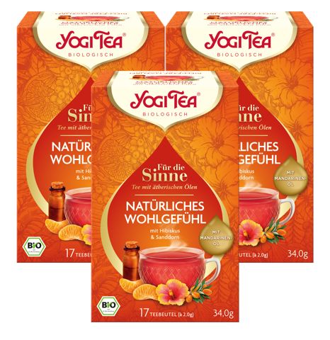 Mehrere Packungen Yogi Tea. Orangefarbene Verpackung mit Produktnamen und Logo. Enthält 17 Teebeutel.