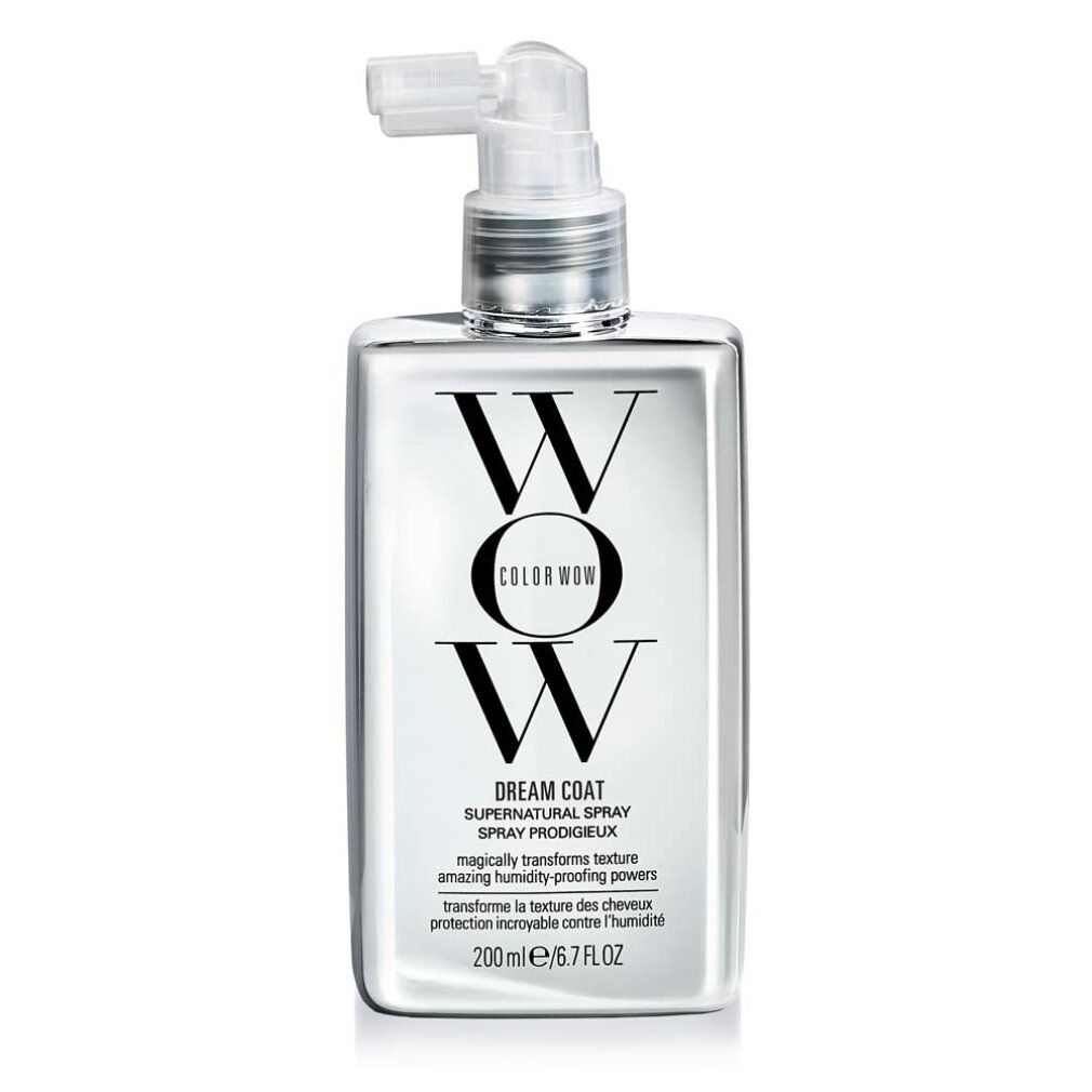 Rechteckige Flasche mit Sprühkopf. Aufschrift "WOW COLOR WOW DREAM COAT". Text darunter: "SUPER NATURAL SPRAY PRODIGIEUX".