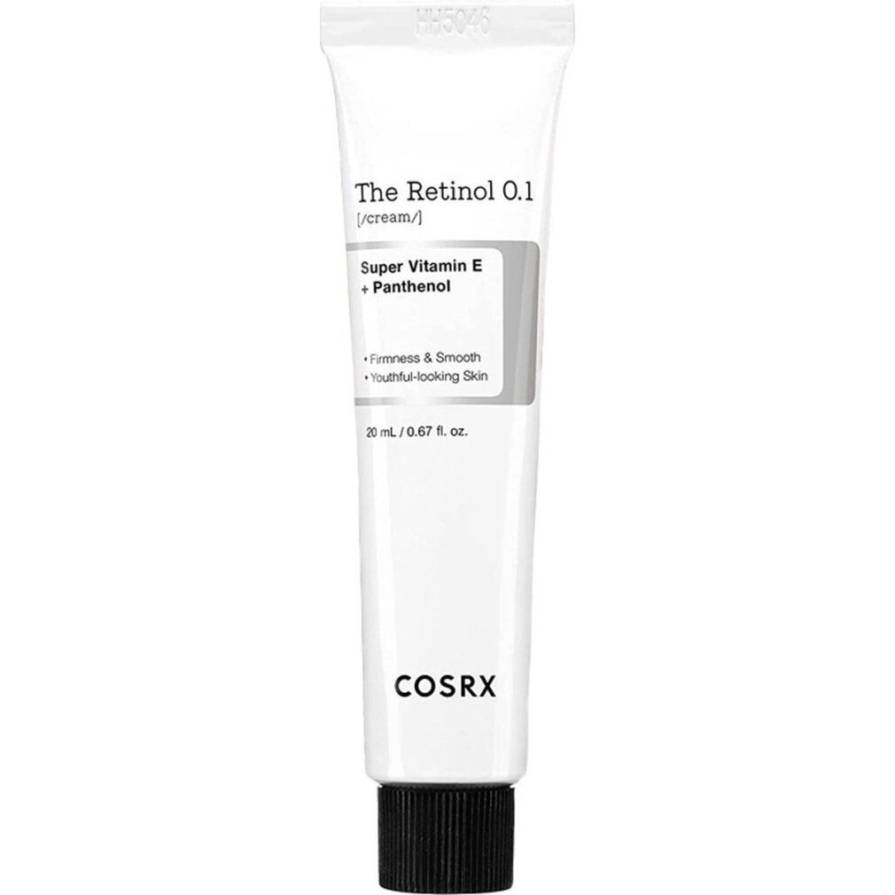 Weiße Tube mit schwarzem Deckel, beschriftet mit 'The Retinol 0.1 Cream' und 'COSRX'.