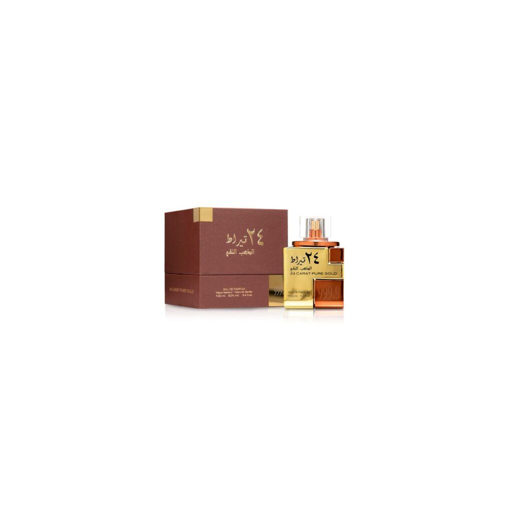 Goldfarbener Flakon mit brauner Verpackung. Aufschrift: 24 Karat Pure Gold. Eckige Form.