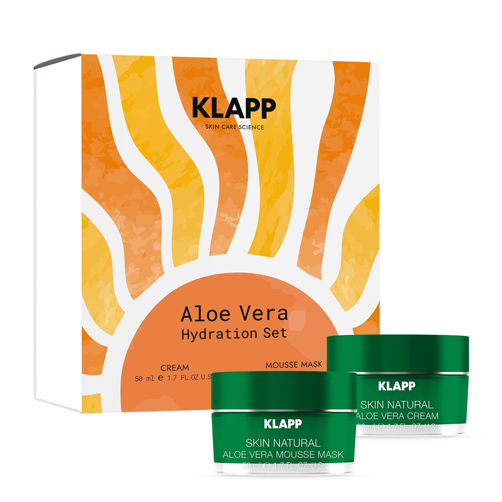 KLAPP Aloe Vera Hydration Set mit zwei grünen Tiegeln. Verpackung mit Text: Aloe Vera Hydration Set, Cream, Mousse Mask.