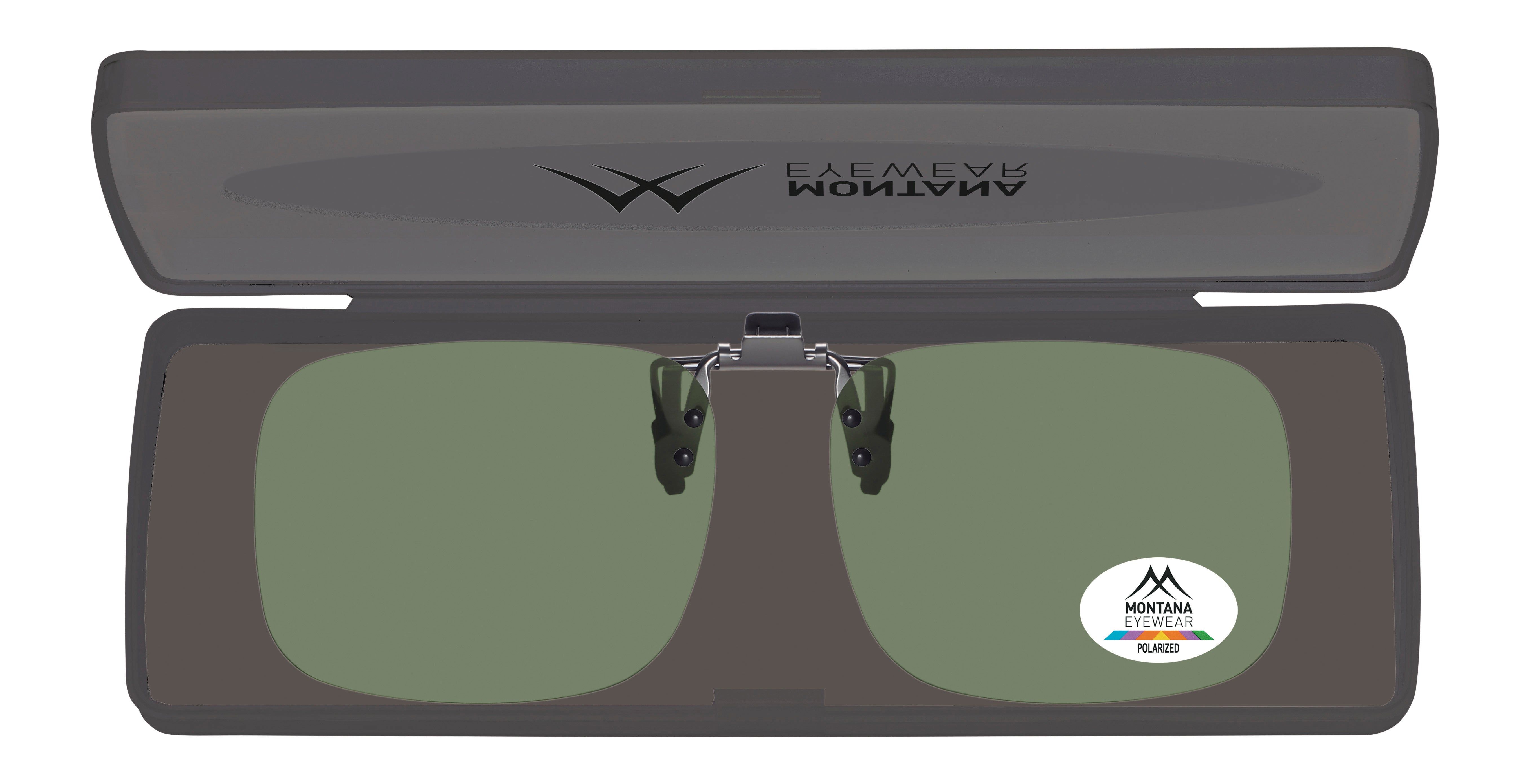 Clip-on-Sonnenbrille in Etui. Logo "MONTANA EYEWEAR POLARIZED". Etui mit Logo.