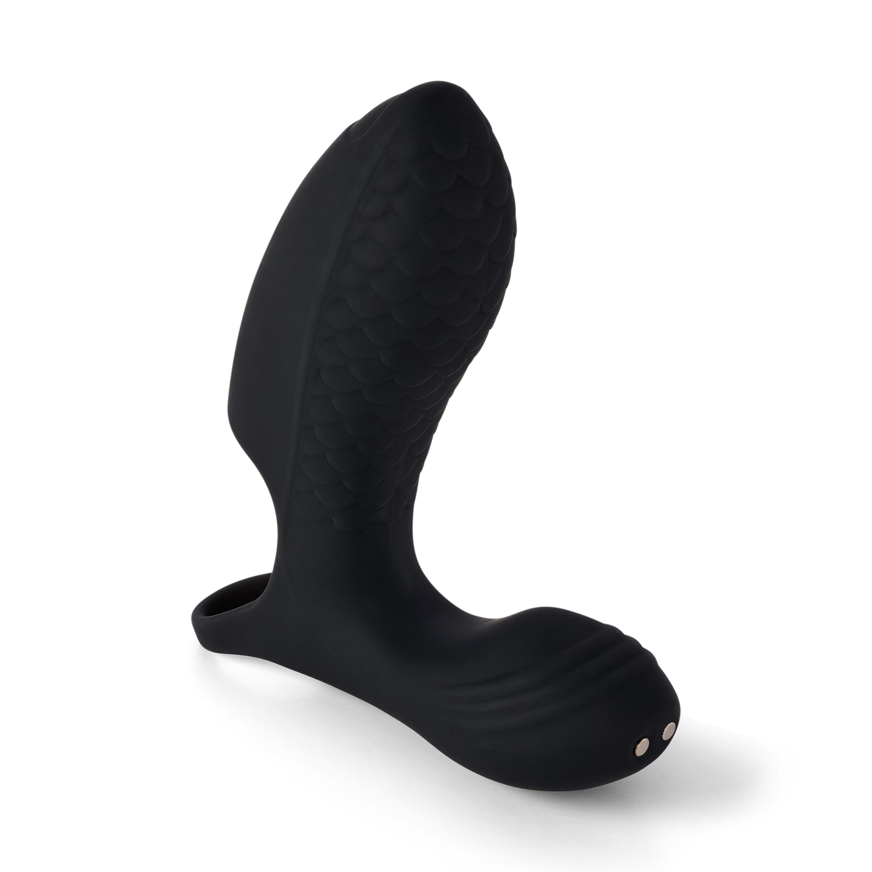 Schwarzes Wellness-Produkt mit strukturierter Oberfläche und Ring. Zwei Knöpfe an der Basis. Auf weißem Hintergrund.