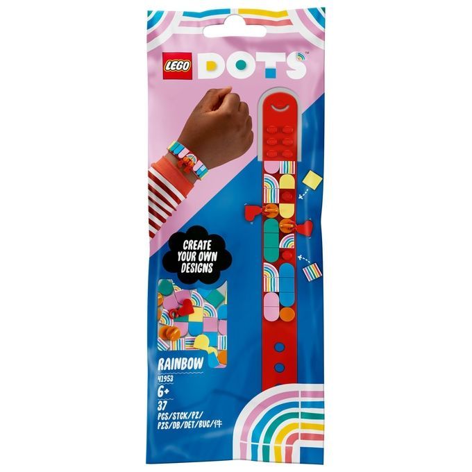 Braccialetto LEGO Dots Rainbow con ciondoli. La confezione mostra un braccialetto al polso. Contiene 37 pezzi. Adatto a bambini dai 6 anni in su. Il set include mattoncini colorati per progettare il braccialetto.