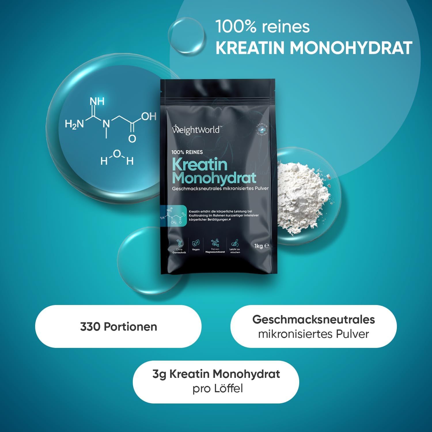 Produktverpackung mit "Kreatin Monohydrat" und Pulver in einer Schale. 330 Portionen, geschmacksneutral.