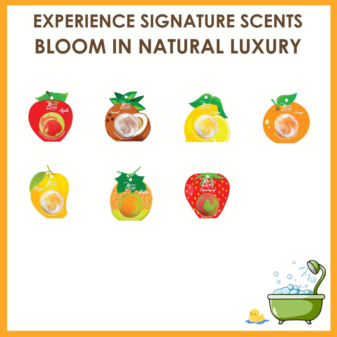 Sieben Schaumbad-Bomben mit verschiedenen Designs. Text: Experience Signature Scents. Verschiedene Frucht-Designs.