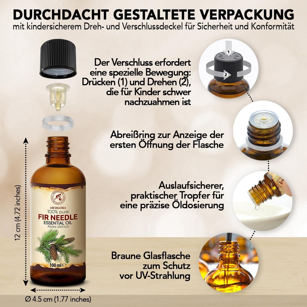Verpackungsdetails: 12 cm hohe braune Glasflasche mit kindersicherem Verschluss, 100 ml Fichtennadelöl.