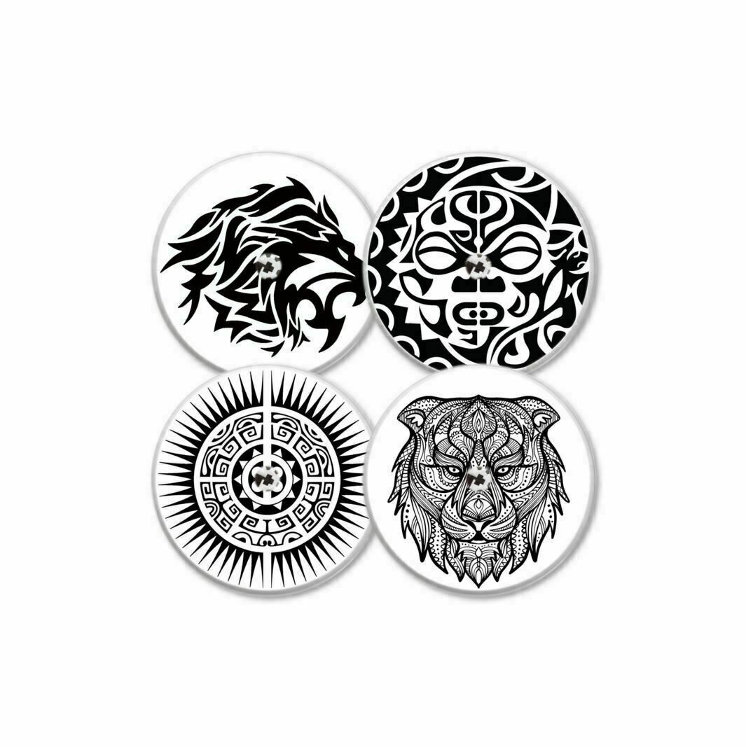 Vier runde Aufkleber mit Tiermotiven. Löwe, Maske, Sonne und Tiger. Schwarz-weiß. Für Freestyle Libre 1 & 2 Sensor.