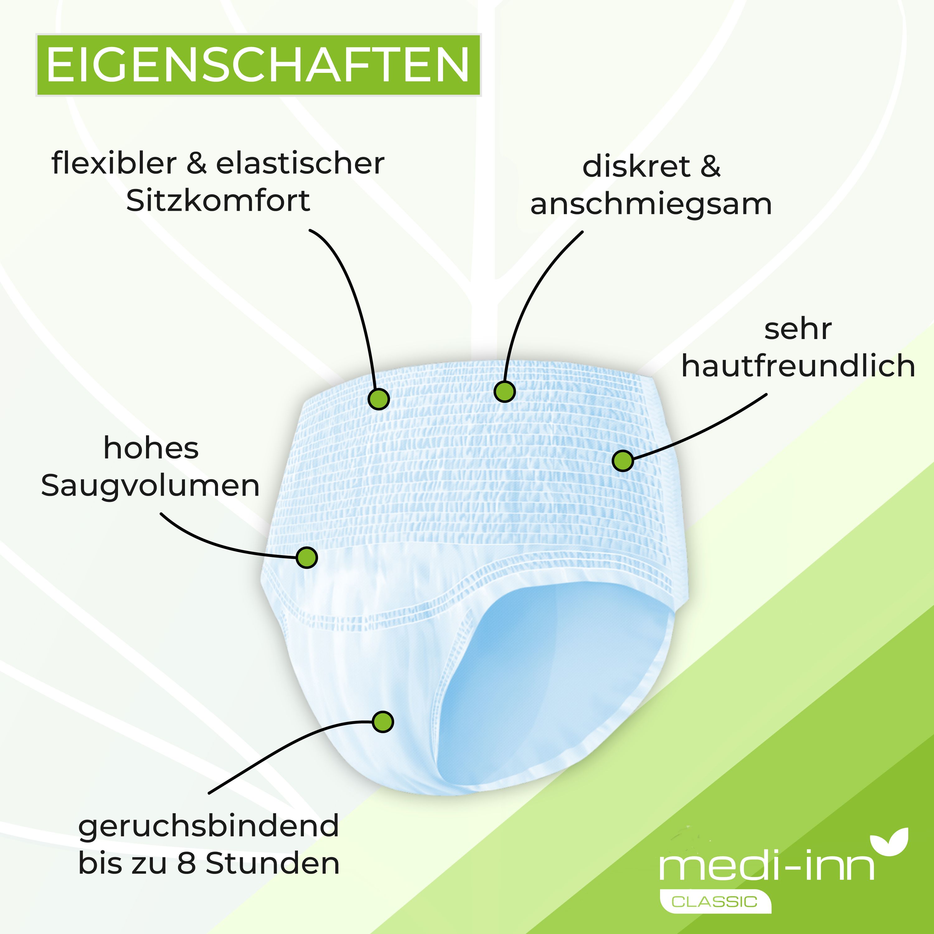 Medi-Inn Pants Classic. Hellblaue Inkontinenzhose. Eigenschaften: flexibel, elastisch, diskret, hautfreundlich, geruchsbindend.