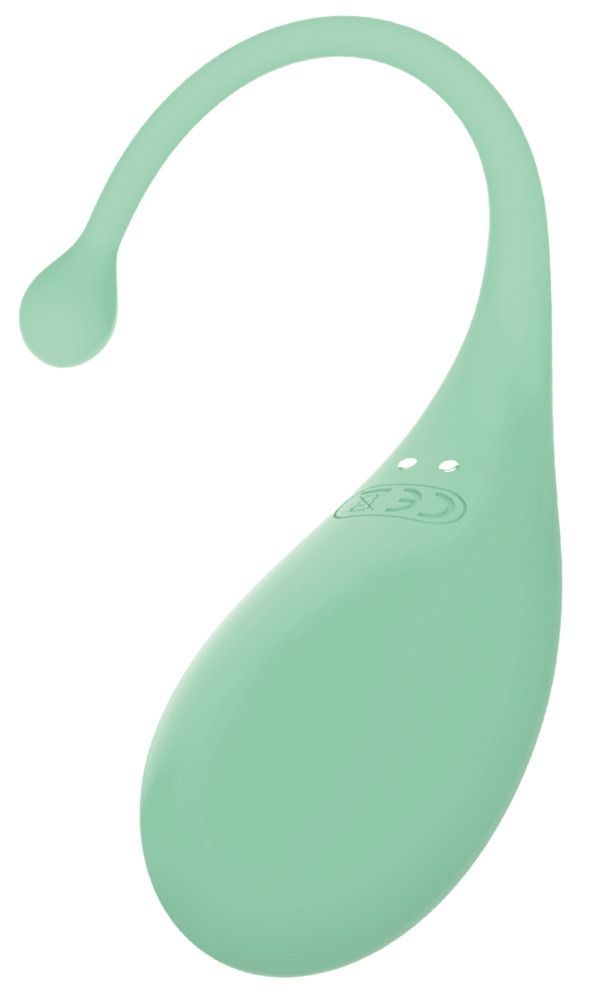 Mintfarbenes Ei mit gebogener Form. Oberseite mit drei Punkten. Glatte Oberfläche. CEX-Logo.