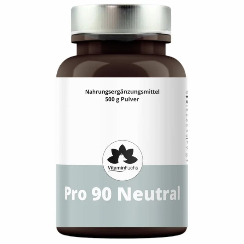 Braune Flasche mit weißem Etikett. Aufschrift: Pro 90 Neutral, Vitamin Fuchs Logo. Nahrungsergänzungsmittel.