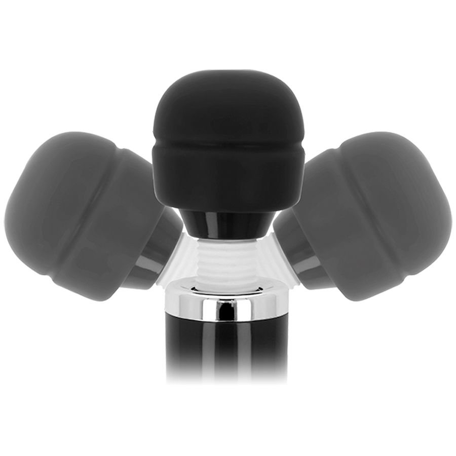 Nahaufnahme eines schwarzen Wand-Massagers mit beweglichem Kopf. Silberner Ring am Übergang zum Griff.
